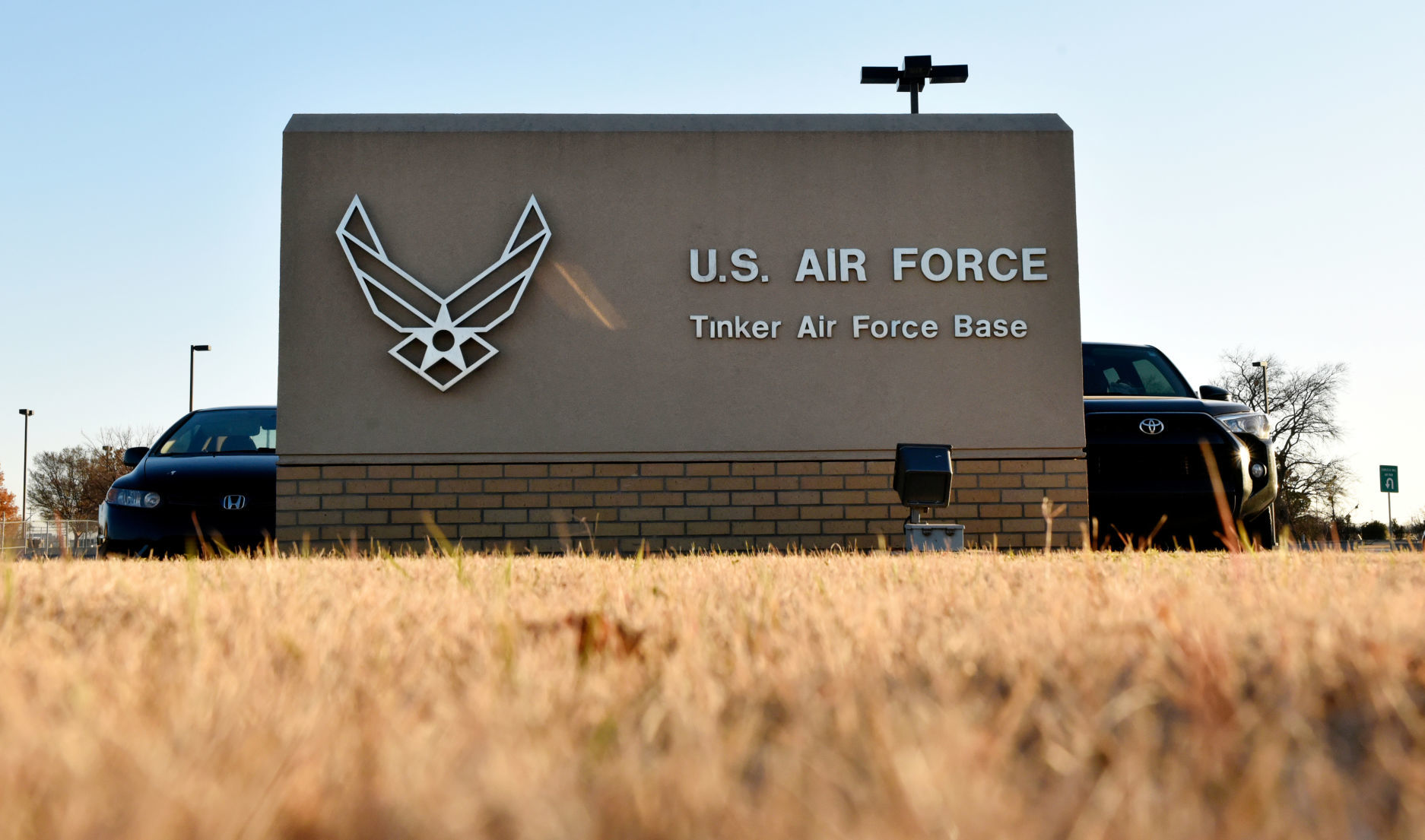 An entry gate is seen at Tinker Air Force Base